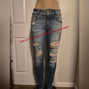KanCan kurvy mid-rise skinny distressed jeans 26 w/ 2 paw print iron on patches